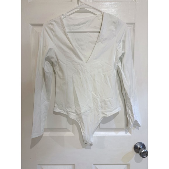 INLYRIC Bodysuit Deep V Neck Long‎ Sleeve Thong Snap Crotch White Size M - Picture 1 of 4